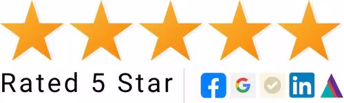 Five-star rating graphic with "Rated 5 Star" text and social media icons for Facebook, Google, LinkedIn, and a marketing agency logo, emphasizing RS Gonzales' reputation in HVAC digital marketing services.