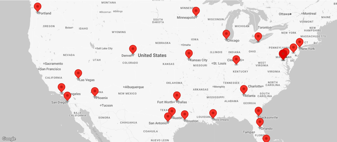 Map of the United States showing RS Gonzales HVAC marketing service areas, with red pins marking cities from Portland and San Diego across to Chicago, Dallas, Atlanta, Orlando and New York